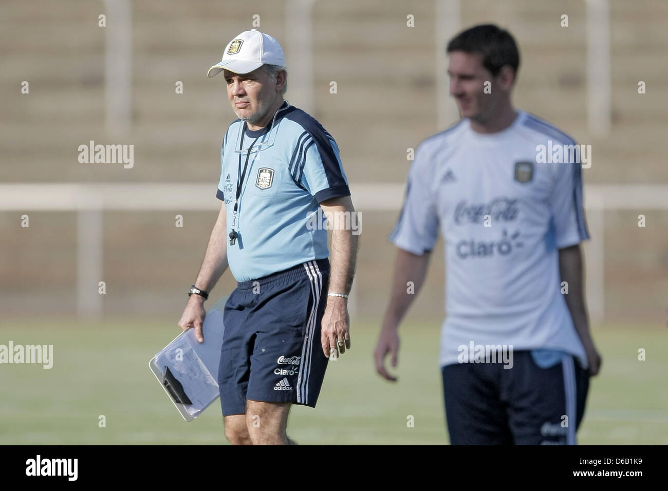 Argentine head coach Alejandro Sabella (L) and player Lionel Messi ...
