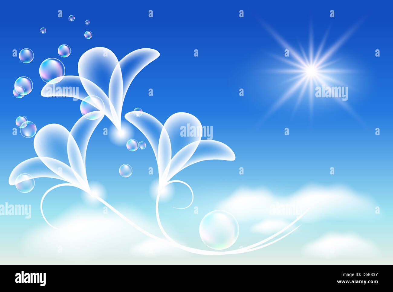 Blue sky with transparent flowers and bubbles Stock Photo