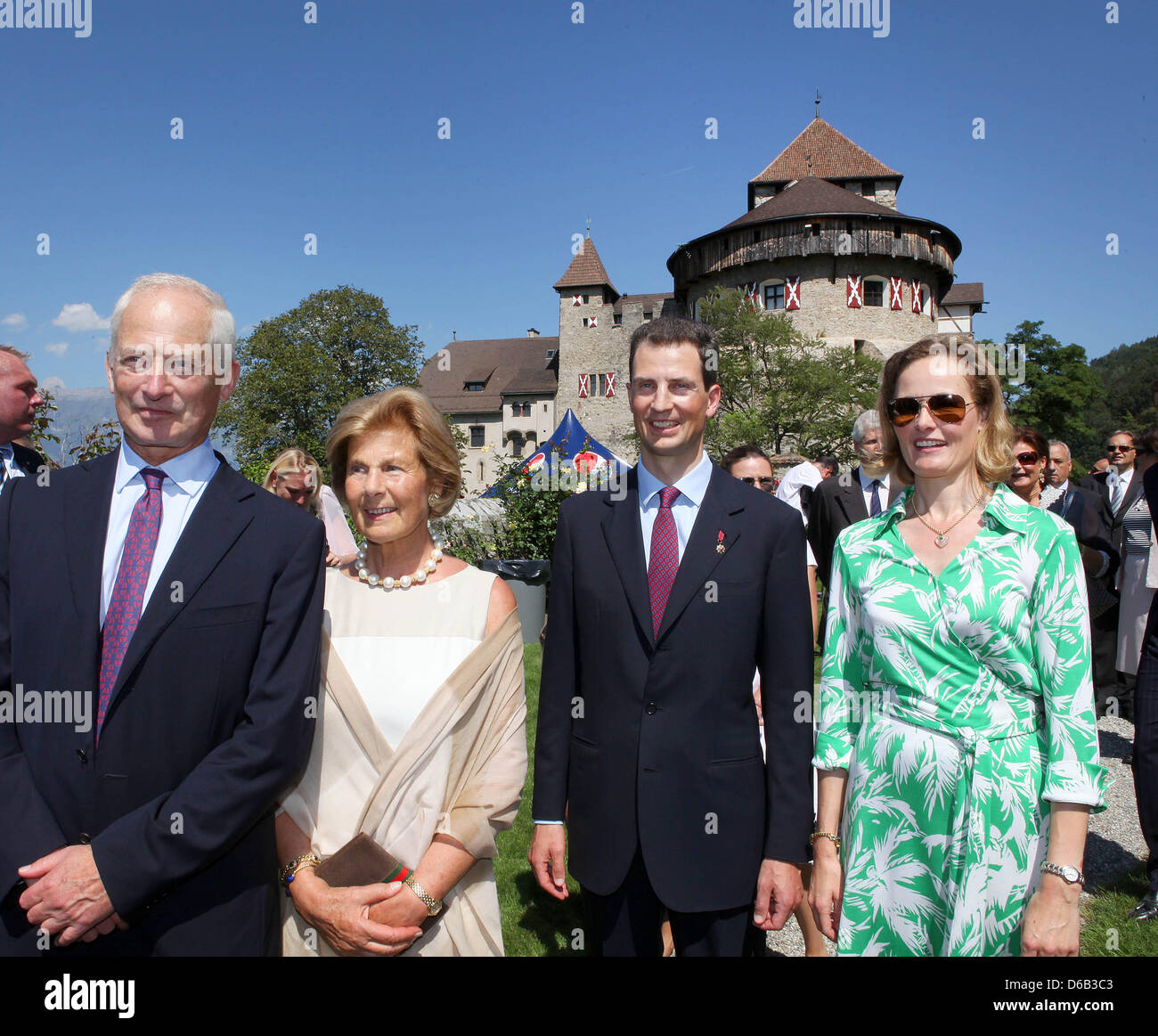 Prince Hans Adam II, Princess Marie, Alois Hereditary Prince, Sophie Hereditary Princess von und zu Liechtenstein posing in front of the castle to celebrate the national day on 15 August 2012 in Vaduz, Liechtenstein. Photo: Albert Nieboer NETHERLANDS OUT Stock Photo