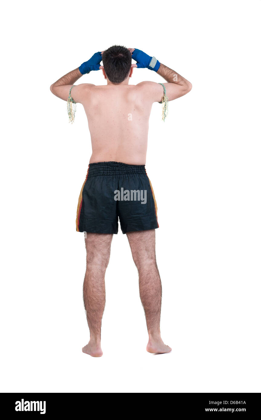 boxer in shorts looks afar. Rear view. Isolated over white Stock Photo