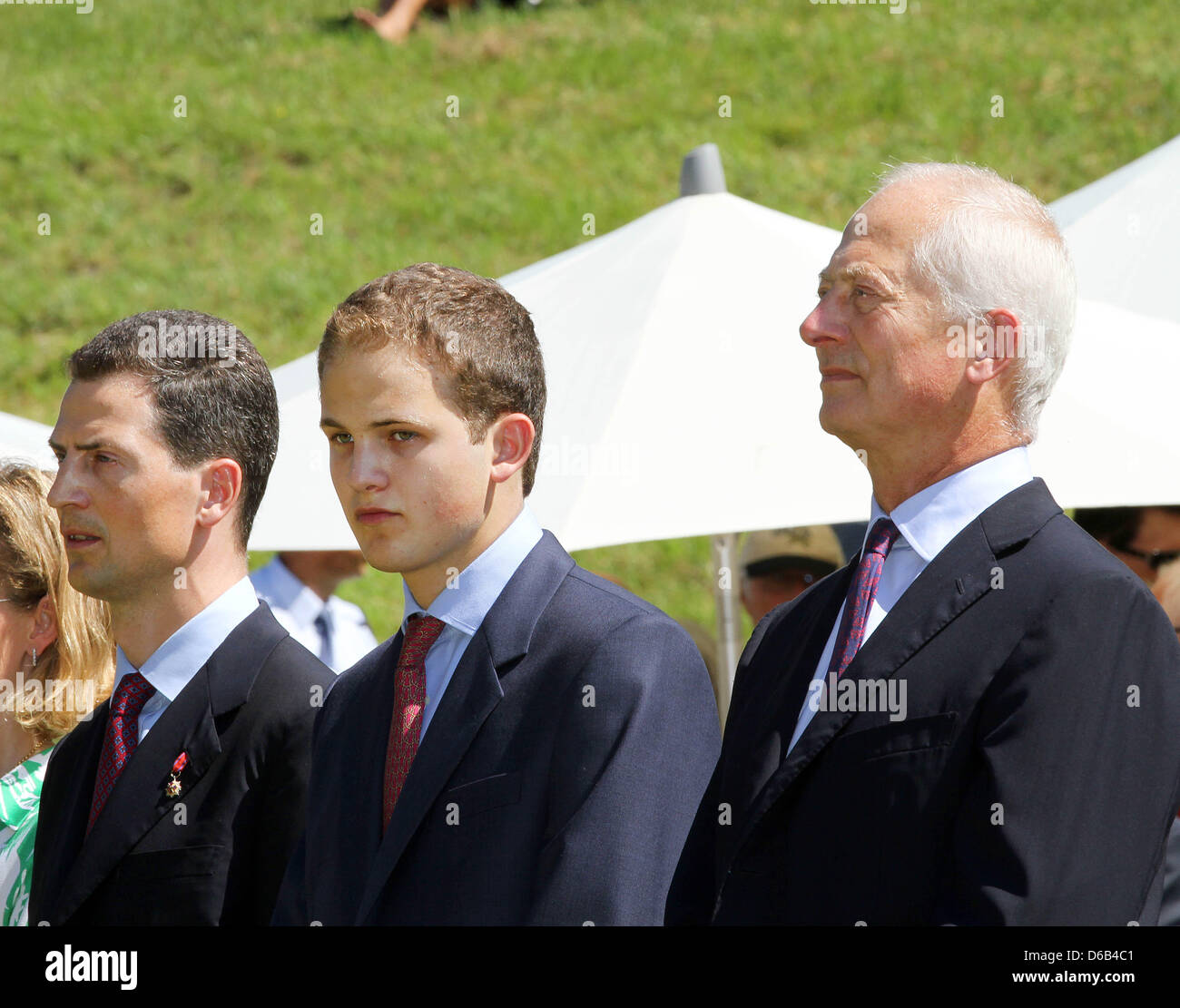 Prince Hans Adam II (l-r), Alois Hereditary Prince and Prince Joseph Wenzel von und zu Liechtenstein attend the holy mass at the meadow to celebrate the national day on 15 August 2012 in Vaduz, Liechtenstein. Photo: Albert Nieboer NETHERLANDS OUT Stock Photo