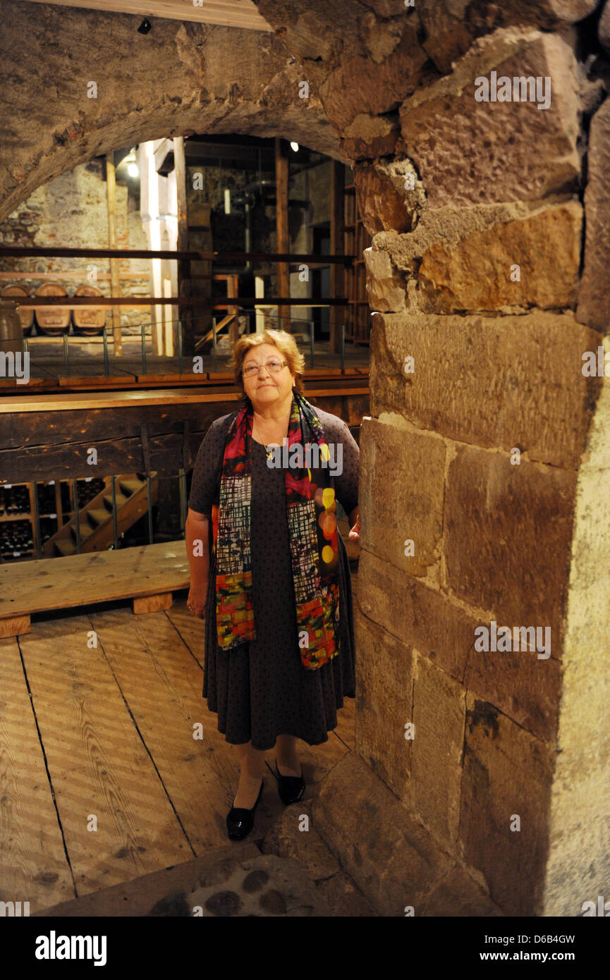 Manager Monika Hansen stands in the basement of the hotel 'Zum Roten Baeren' in Freiburg, Germany, 10 August 2012. The history of the 'Roten Baren' goes back to 1311. Photo: Patrick Seeger Stock Photo