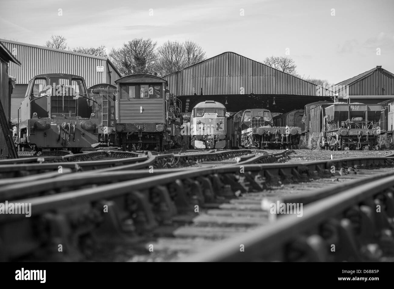 Trains at Railway Sidings Stock Photo