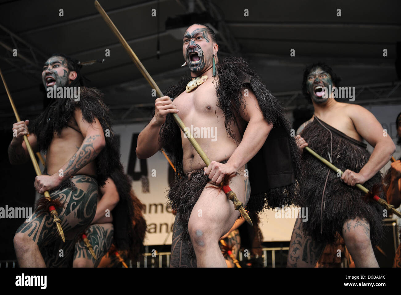 The Museum Embankment Festival is opened with a real Maori Kapa Haka (dance and song) on the New Zealand stage on the banks of the Main river in Frankfurt Main, Germany, 24 August 2012. Around three million people are expected to the party, which is one of the largest cultural fesivals in Europe, until Sunday evening. New Zealand is featured this year before beging featured at the  Stock Photo