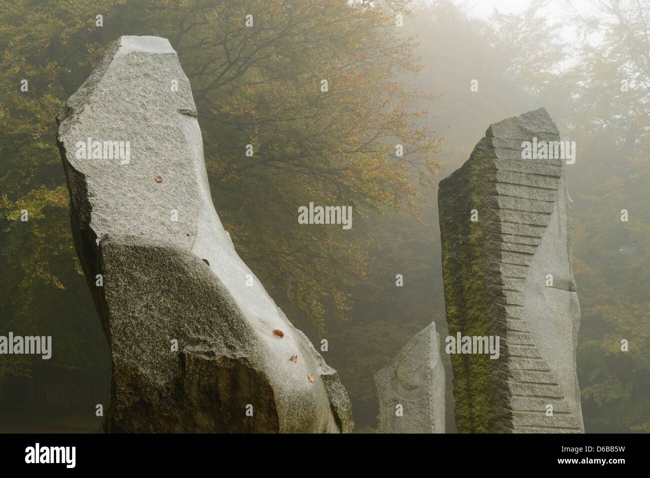 Standing stones at Heaven's Gate in the Longleat Estate, Wiltshire, UK. The stones were carved by artist Paul Norris. Stock Photo