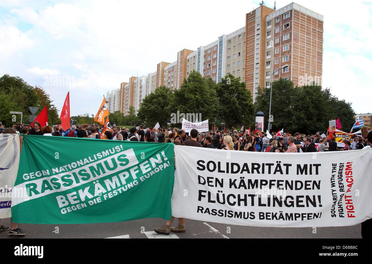 Left groups demonstrate in front of the immigrant hostel which was