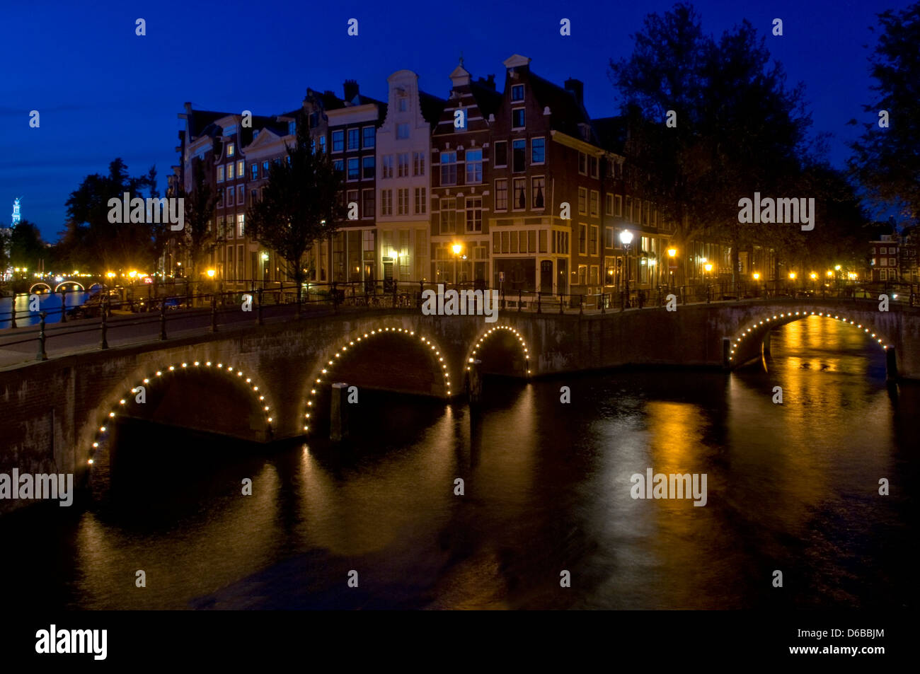 Bridge over Keizersgracht at Night, Amsterdam, Netherlands Stock Photo