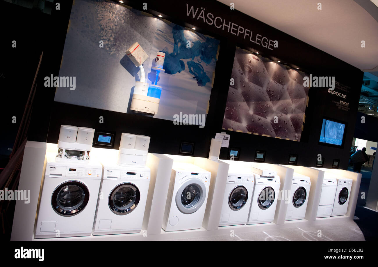 New washing machines by manufacturer Miele are on display at the
