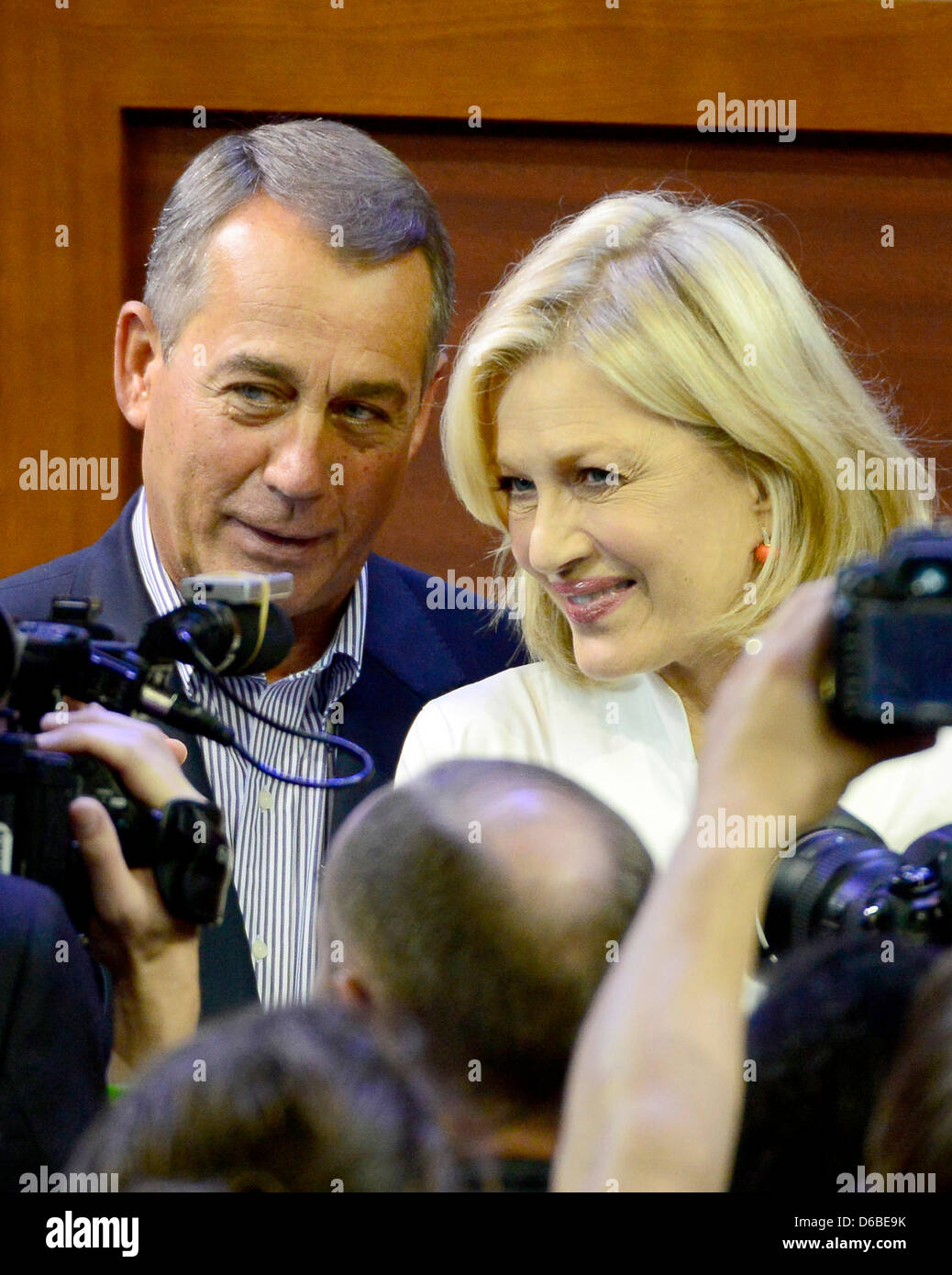 Speaker of the United States House of Representatives John Boehner (Republican of Ohio) poses for a photo with ABC News Anchor Diane Sawyer prior to participating in a sound check from the podium of the 2012 Republican National Convention prior to the start of proceedings in Tampa Bay, Florida on Monday, August 27, 2012..Credit: Ron Sachs / CNP.(RESTRICTION: NO New York or New Jers Stock Photo