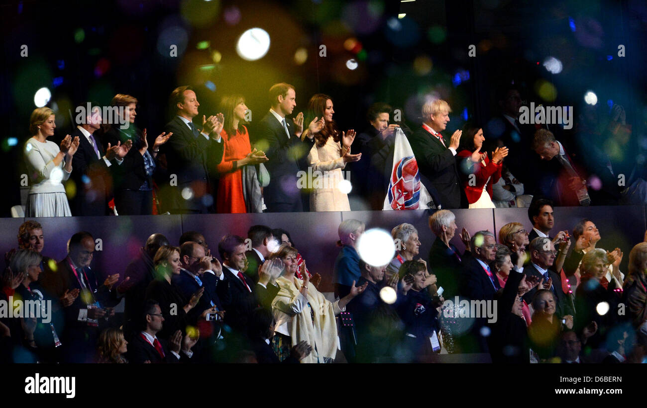 British Prime Minister David Cameron (4-l) and his wife Samantha Sheffield, Prince William, Duke of Cambridge his wife Catherine, Duchess of Cambridge,Princess Anne and London mayor Boris Johnson (from left) are seen during the Opening Ceremony of the London 2012 Paralympic Games at the Olympic stadium, London, Great Britain, 29 August 2012. Photo: Julian Stratenschulte dpa  +++(c) Stock Photo