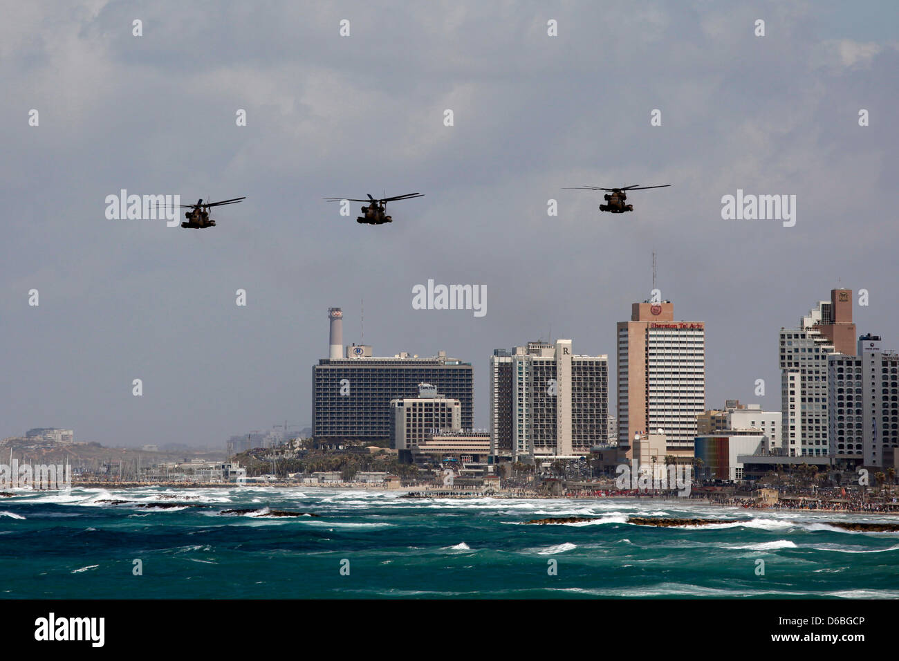 CH-53 Sea Stallion or Sikorsky helicopters of Israeli air force flying over Tel Aviv Israel Stock Photo