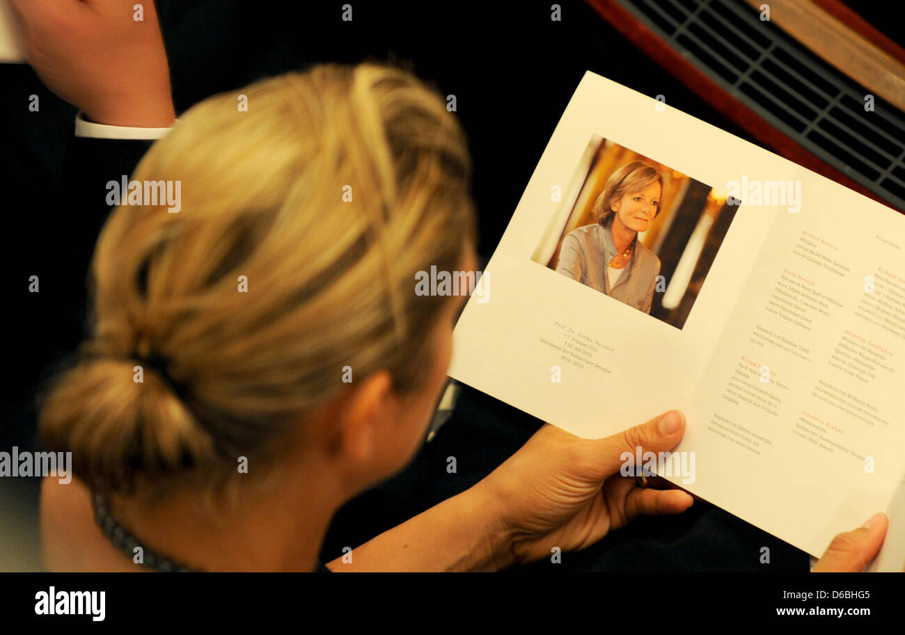 A program for the memorial service of the dead director of the Semper Opera Ulrike Hessler is pictured at the Semper Opera in Dresden, Germany, 31 August 2012. Premier of Saxony Tillich praised the work of Ulrike Hessler for the world famous opera house. Photo: MATTHIAS HIEKEL Stock Photo