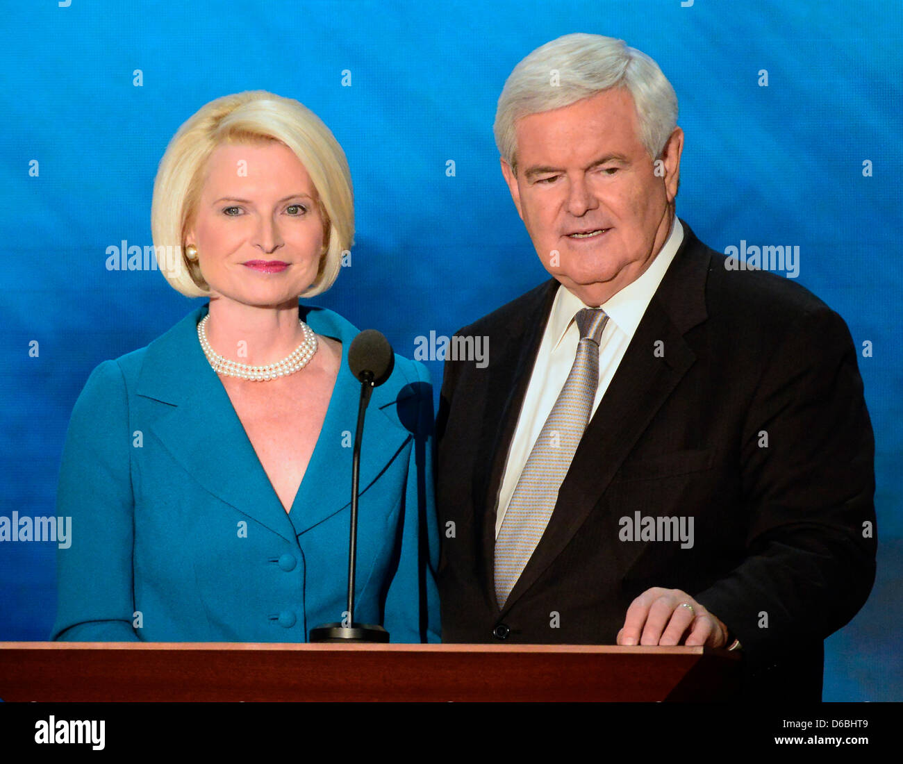 Former Speaker of the United States House of Representatives Newt Gingrich (Republican of Georgia) and his wife, Callista, make remarks at the 2012 Republican National Convention in Tampa Bay, Florida on Thursday, August 30, 2012. .Credit: Ron Sachs / CNP.(RESTRICTION: NO New York or New Jersey Newspapers or newspapers within a 75 mile radius of New York City) Stock Photo