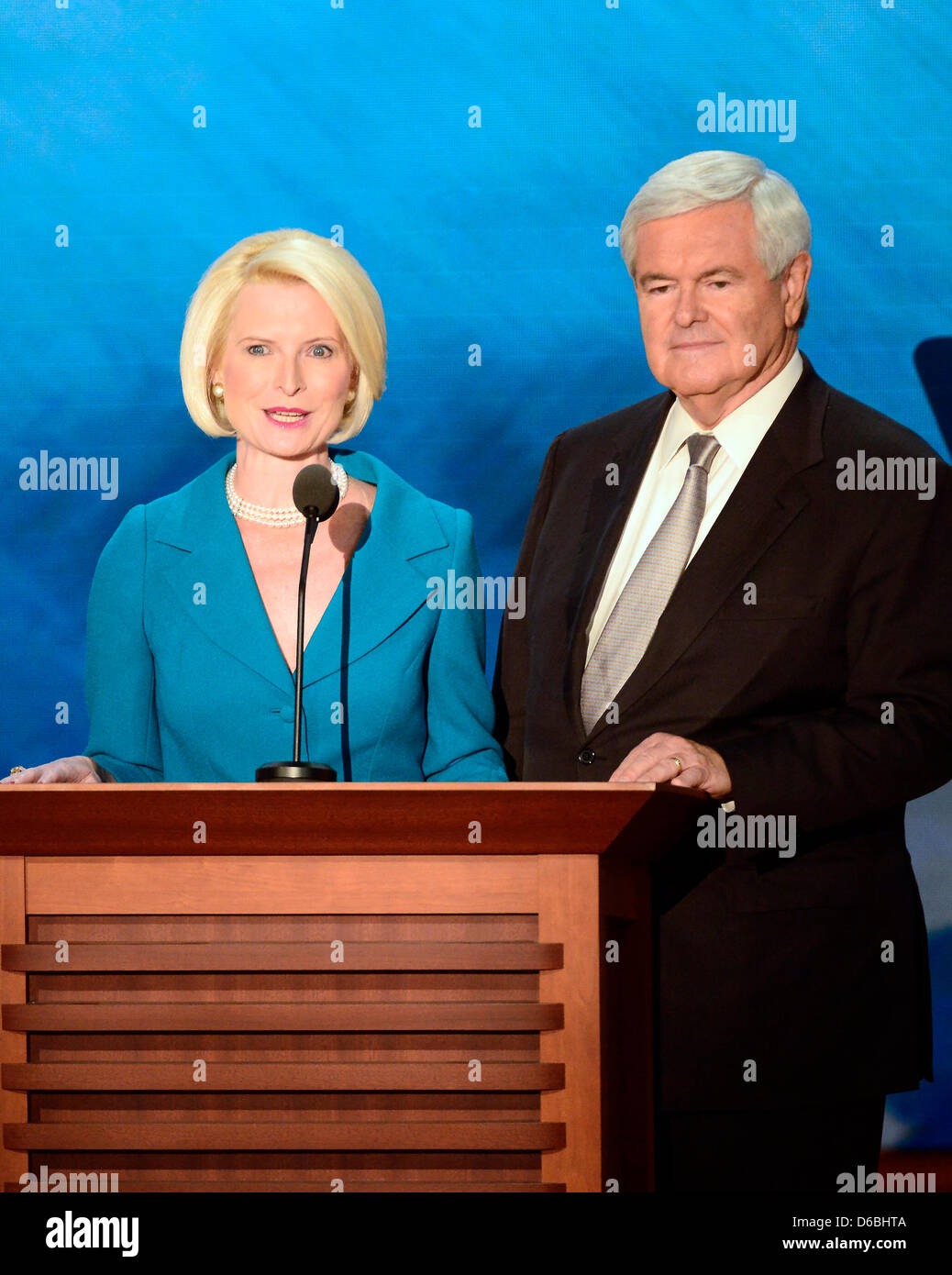 Former Speaker of the United States House of Representatives Newt Gingrich (Republican of Georgia) and his wife, Callista, make remarks at the 2012 Republican National Convention in Tampa Bay, Florida on Thursday, August 30, 2012. .Credit: Ron Sachs / CNP.(RESTRICTION: NO New York or New Jersey Newspapers or newspapers within a 75 mile radius of New York City) Stock Photo