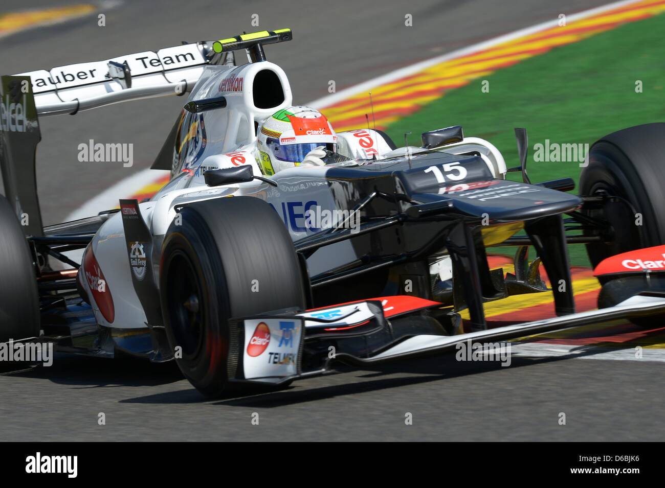Mexican Formula One driver Sergio Perez of Sauber steers his car during