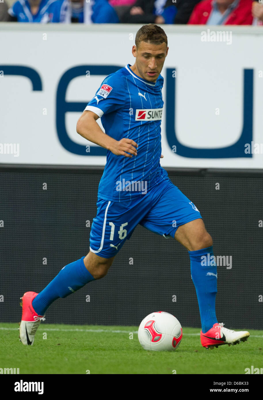 Hoffenheim's Fabian Johnson plays the ball during the German Bundesliga soccer match between TSG 1899 Hoffenheim and Eintracht Frankfurt at the Rhein-Neckar-Arena in Sinsheim, Germany, 01 September 2012. Photo: UWE ANSPACH   (ATTENTION: EMBARGO CONDITIONS! The DFL permits the further utilisation of up to 15 pictures only (no sequntial pictures or video-similar series of pictures al Stock Photo