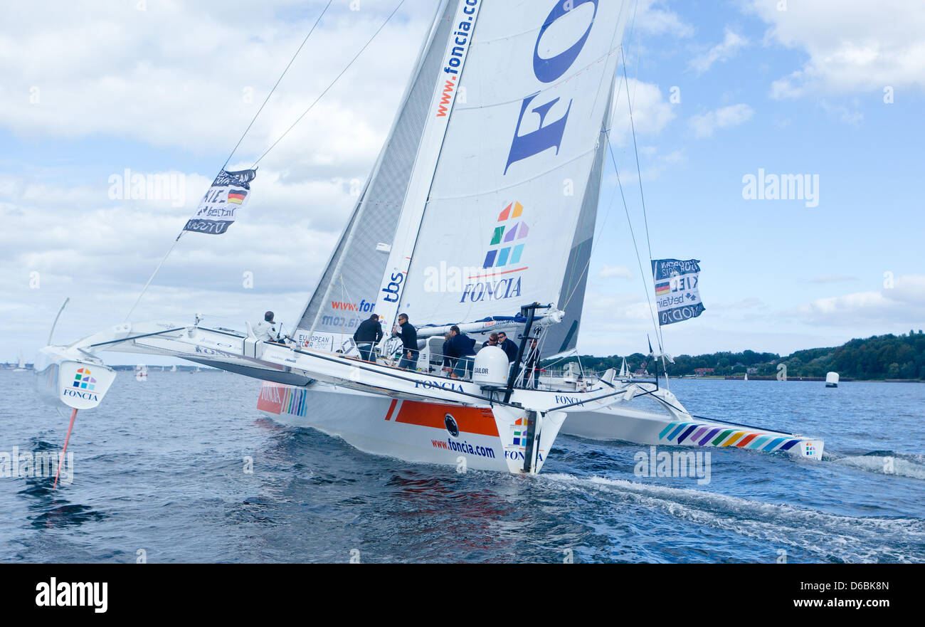 The MOD70 trimaran boat 'Foncia' competes in its fourth race of the 2012  Betfair Cityrace in Kiel, Germany, 01 September 2012. The MOD70 Europa Tour  premieres at the weekend in Kiel presenting