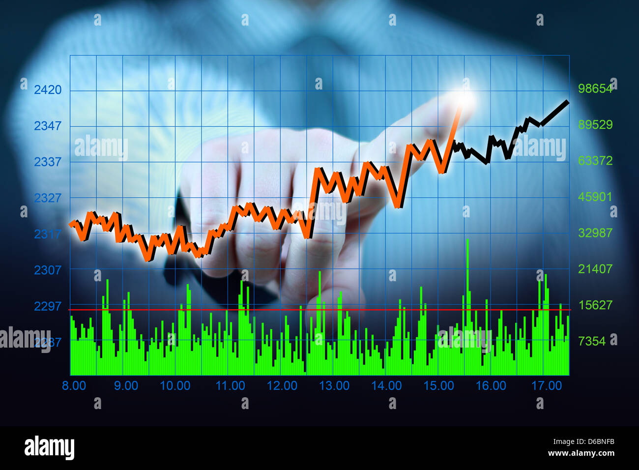 businessman hand touch virtual stock graph, chart, diagram Stock Photo