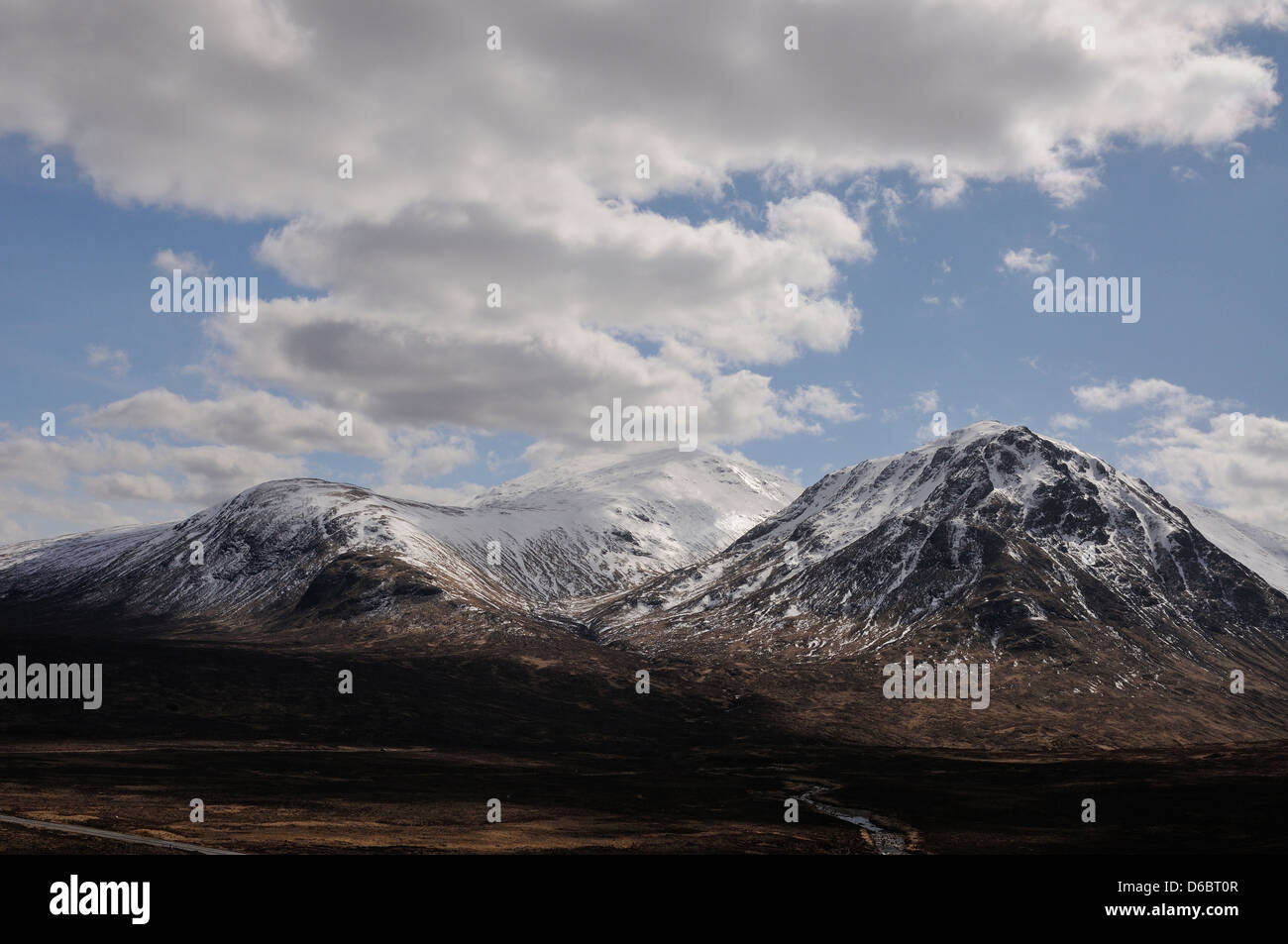 View of snow covered Creise and Meall a' Bhuiridh, Glencoe, Scottish Highlands, Scotland, Stock Photo