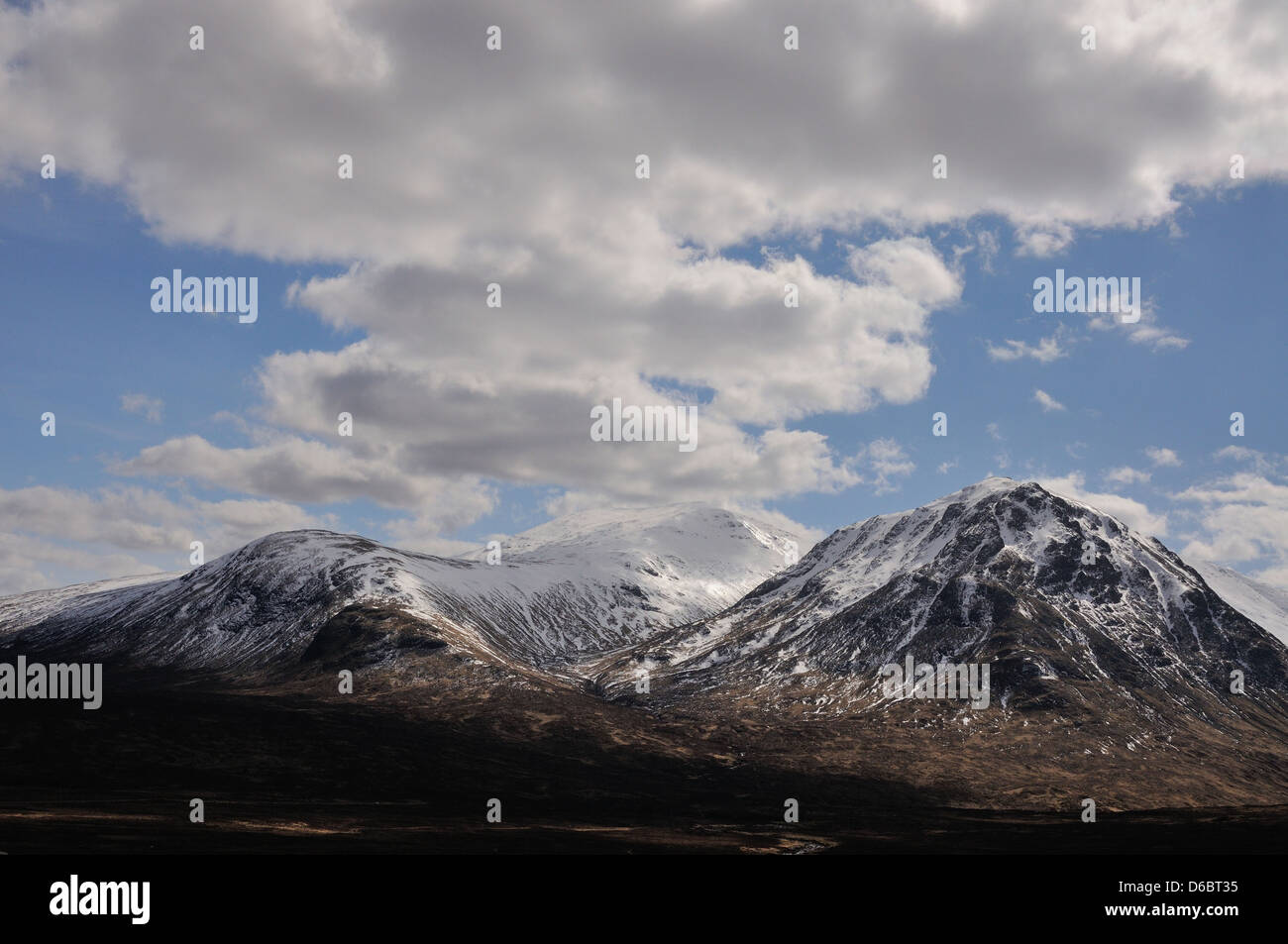 View of snow covered Creise and Meall a' Bhuiridh, Glencoe, Scottish Highlands, Scotland, Stock Photo