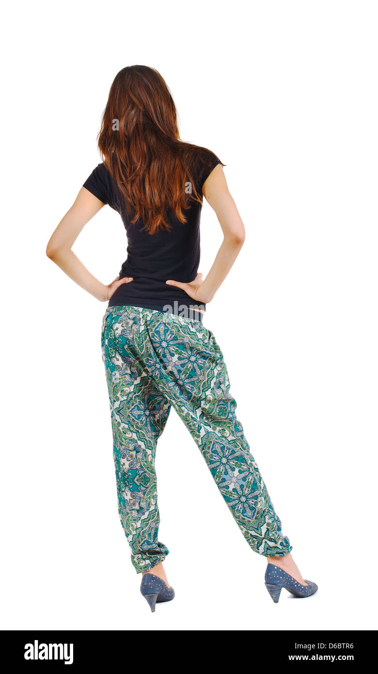 Back view of standing beautiful brunette woman. Young girl. Rear view ...