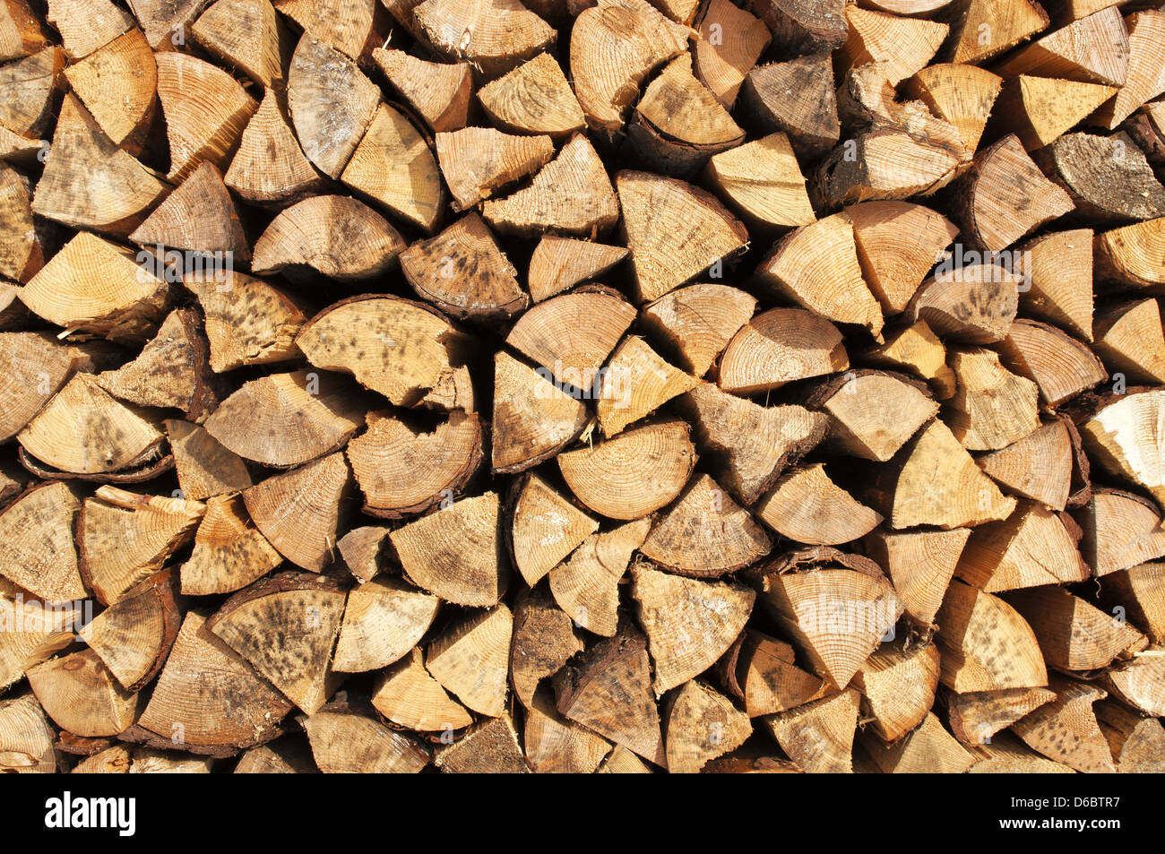 Texture - Chopped and stacked pile of pine and birch wood, cut for fireplace. Stock Photo