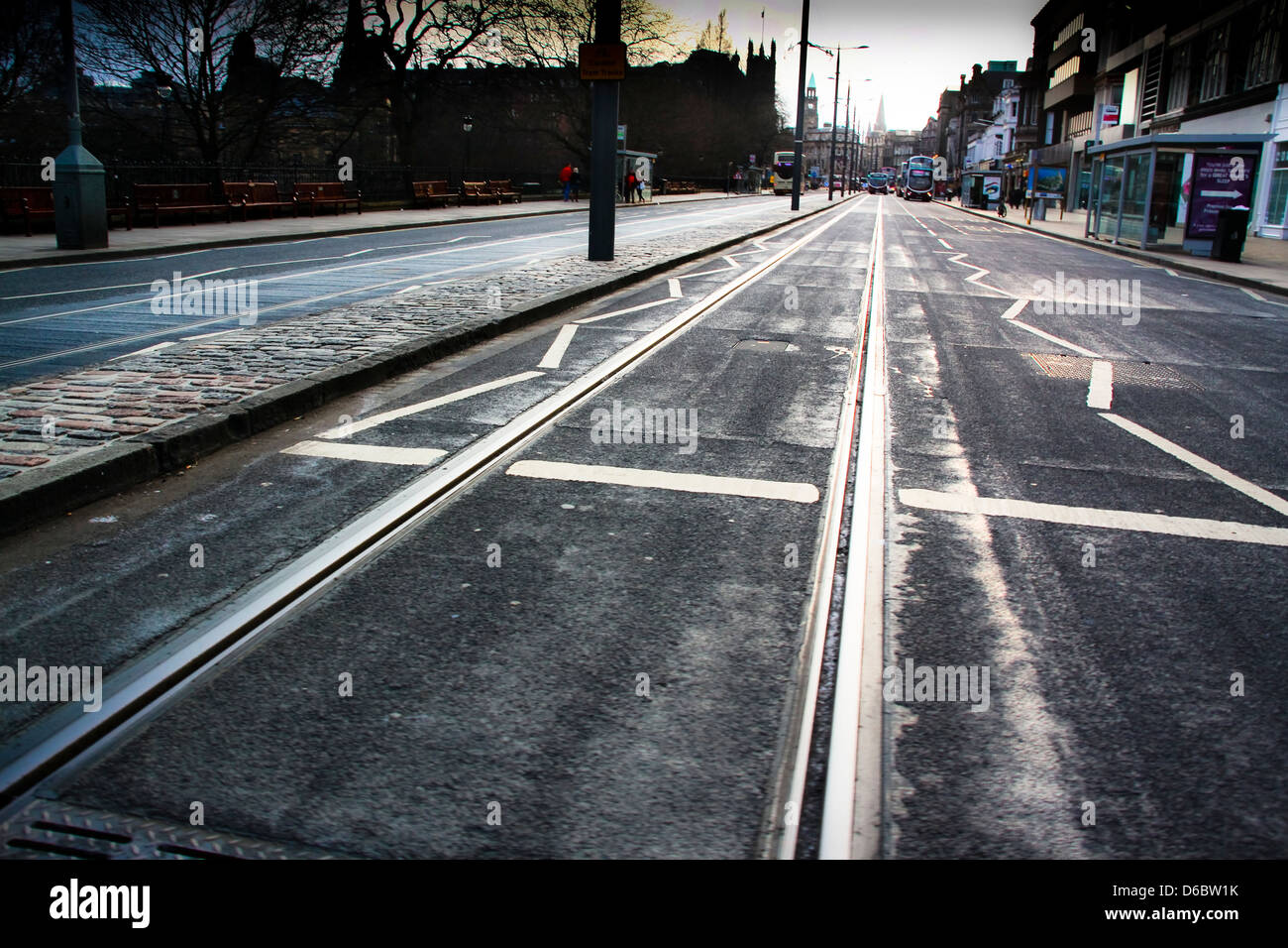 New tram lines in Edinburgh Princes Street Stock Photo