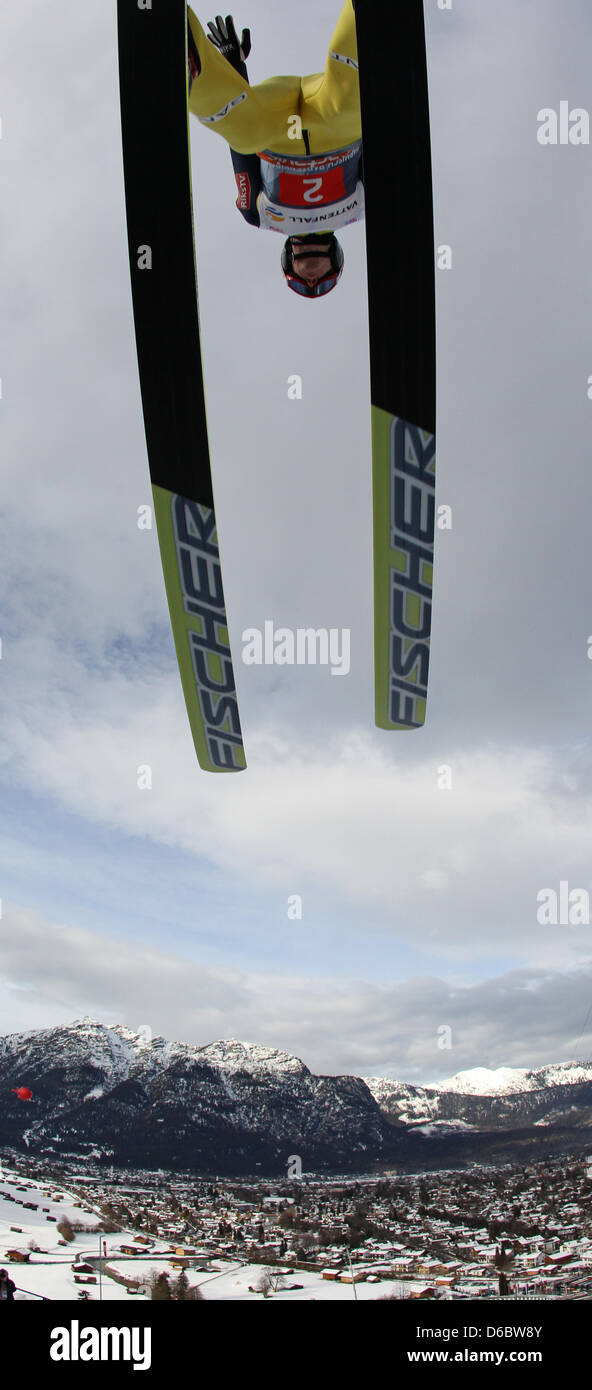 Picture of Norwegian ski jumper Vegard Haukoe takes a training jump during the ...