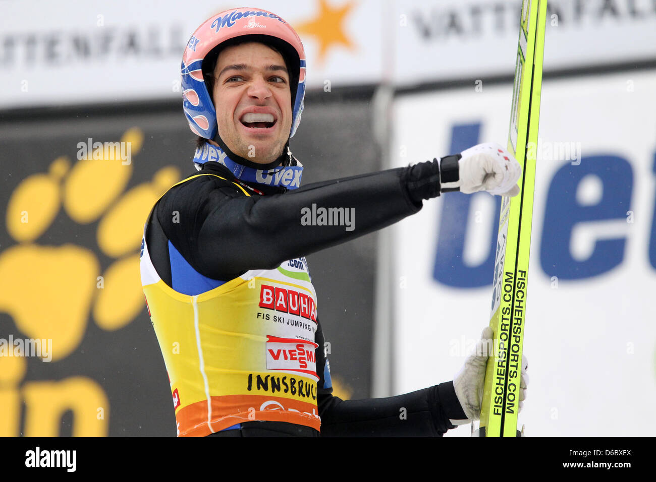 Austrian Ski Jumper Andreas Kofler Celebrates After The Final Round Of The Third Jump At The