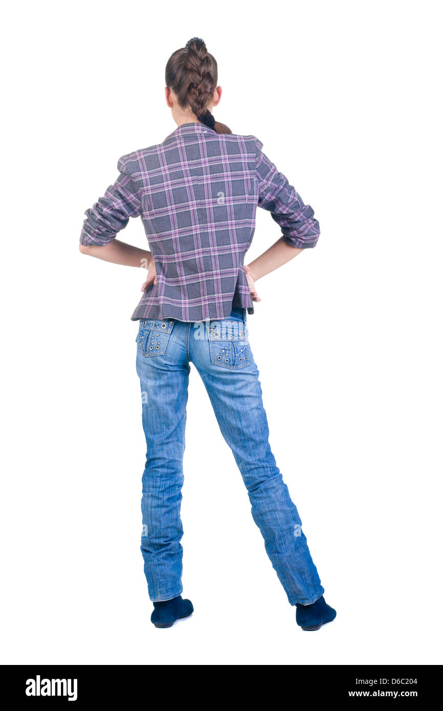 Beautiful young brunette in checkered jacket looks in distance. Rear view.Isolated over white. Stock Photo