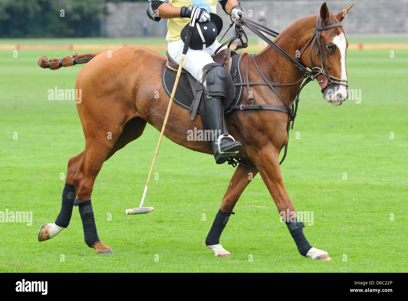 A polo player plays the ball with his mallet during the German Polo