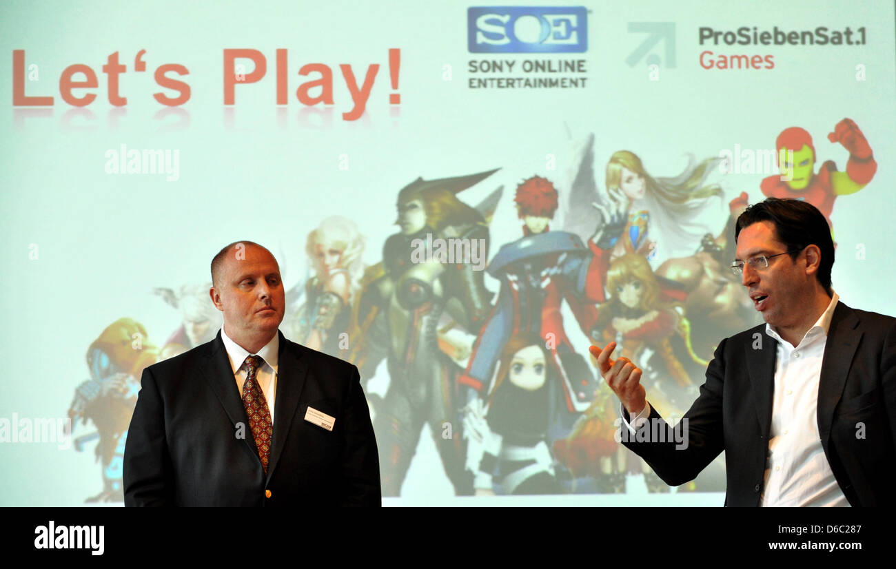 John Smedley (L), President of Sony Online Entertainment, and Christian  Wegner, chairman of New Media and diversification of the ProSiebenSat.1  Group, speak at a press conference of the ProSiebenSat.1 subsidary Games  about