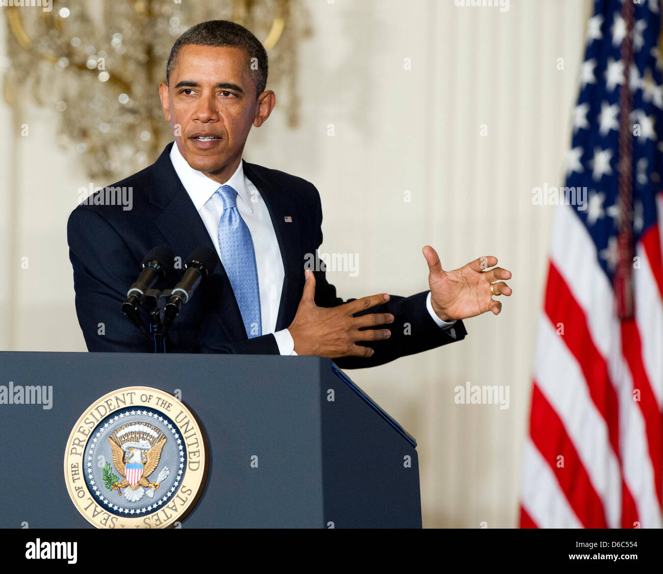 United States President Barack Obama makes remarks in the East Room of the White House in Washington, D.C. calling on Congress to return powers that would allow him to reform Executive Branch agencies of the U.S. Government..Credit: Ron Sachs / CNP Stock Photo