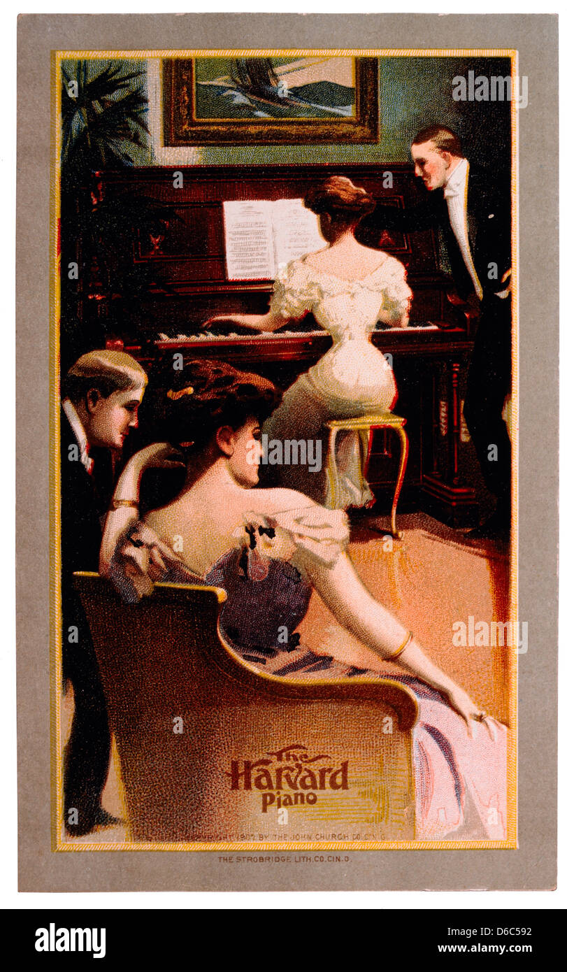 Woman Playing Piano for Guests, Harvard Pianos Trade Card, Circa 1907 Stock Photo