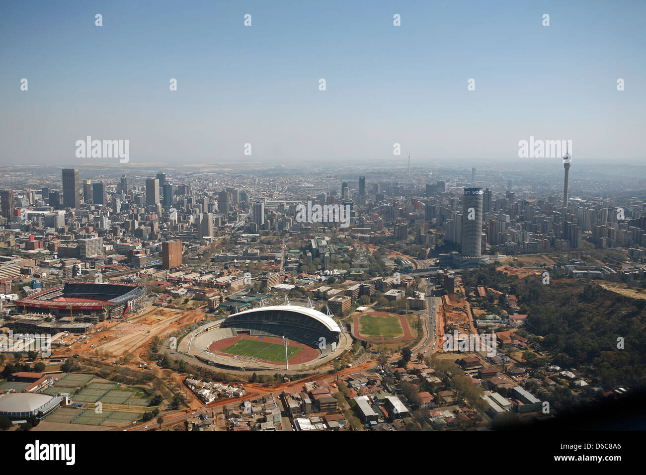 Aerial view of Johannesburg cityscape showing Ellis Park Rugby and Johannesburg Stadiums Stock Photo