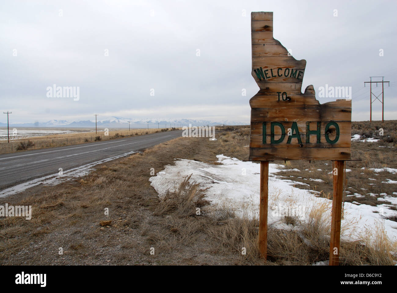Welcome to Idaho highway sign, ranchland, Idaho Stock Photo
