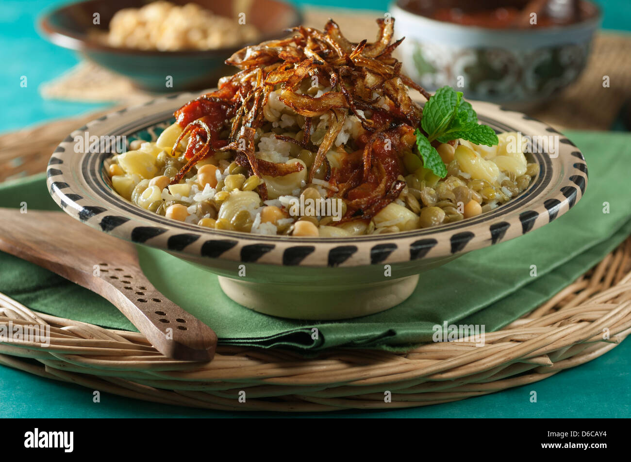Kushari Pasta rice and lentil dish Egypt Food Stock Photo