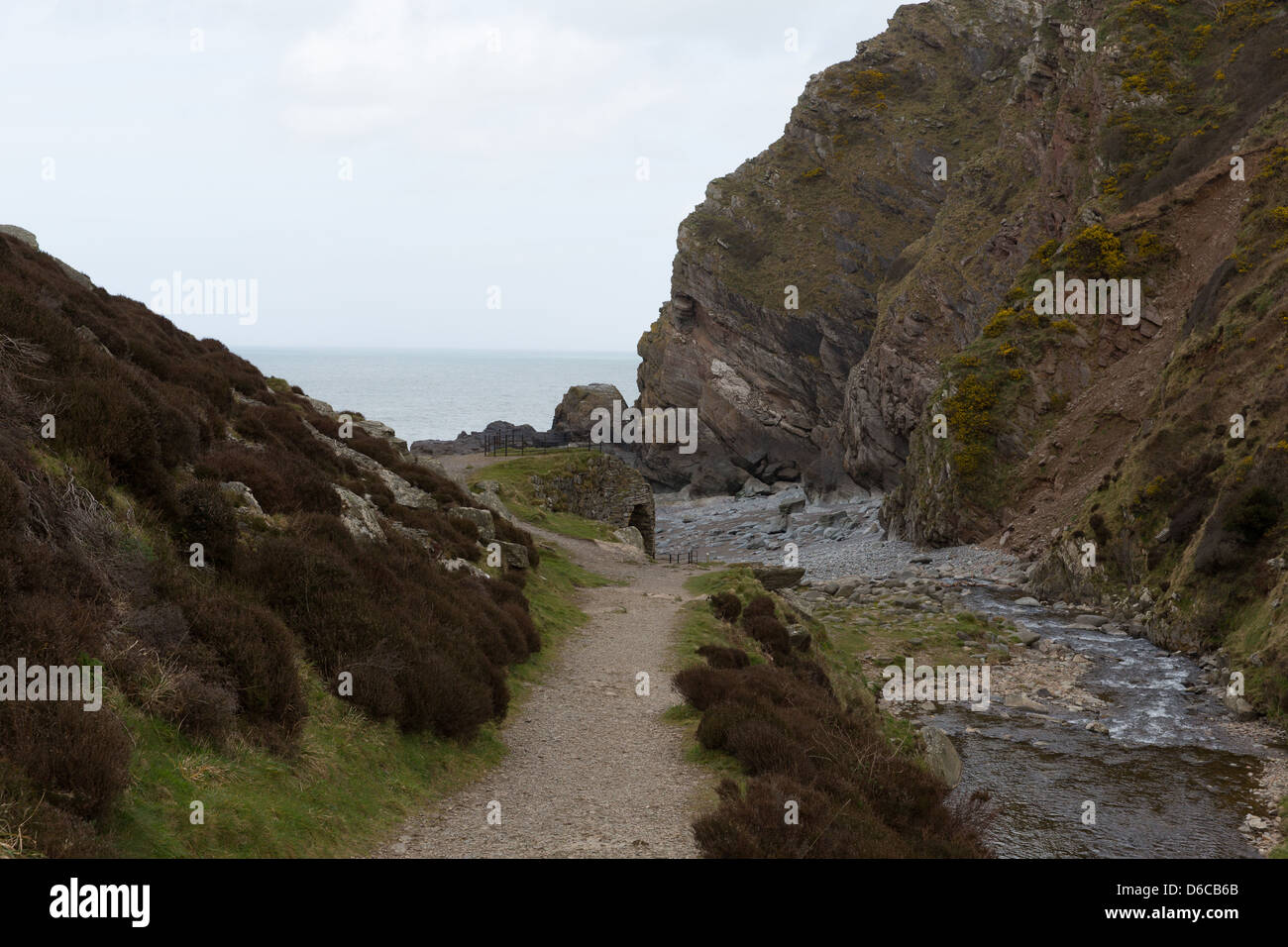 Heddon Valley Exmoor National Park Devon leading to beach at Heddons Mouth.  Surrounded by hills of Peter Rock and Highveer Stock Photo