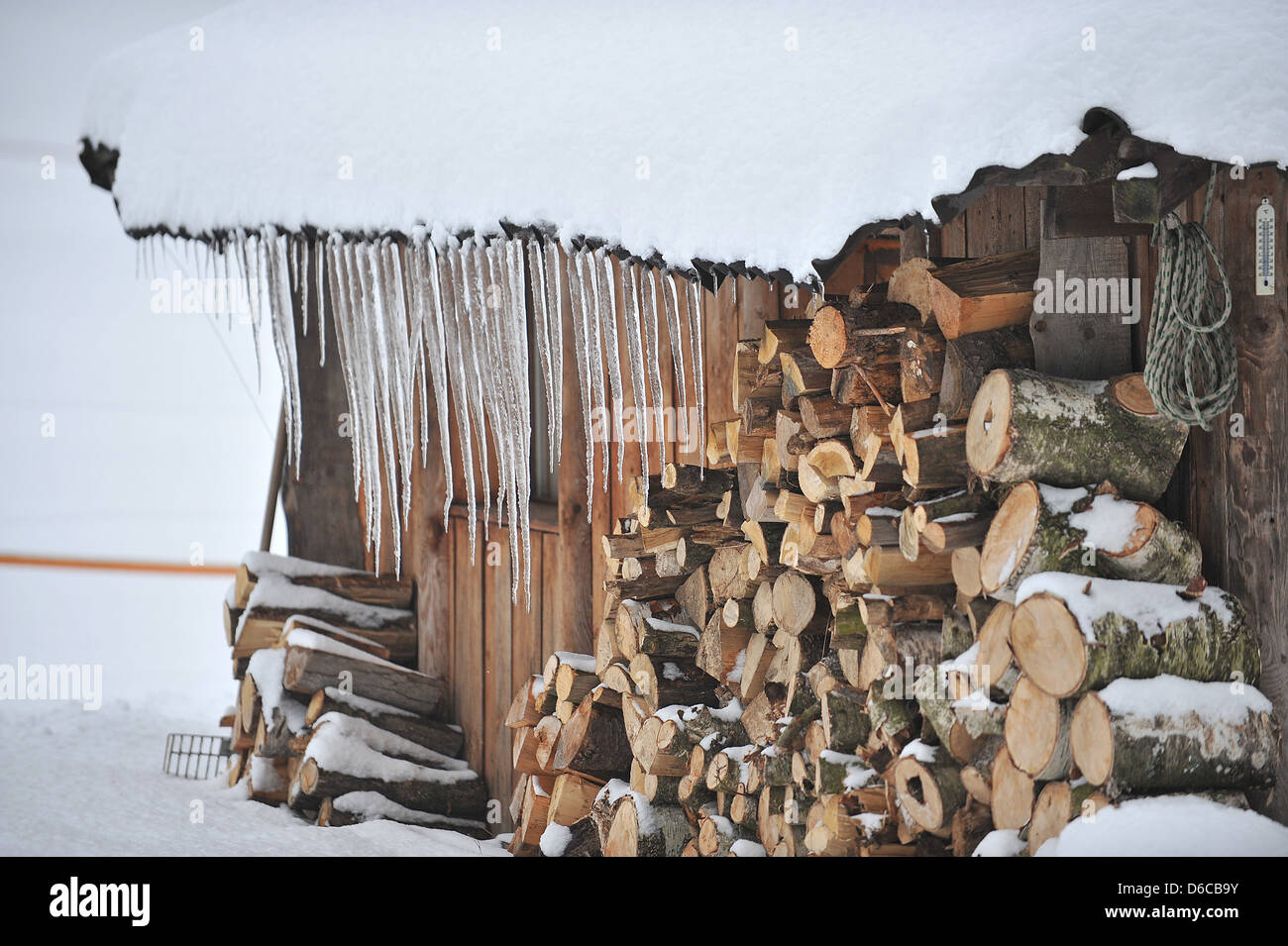 icicles on a log shed in winter Stock Photo