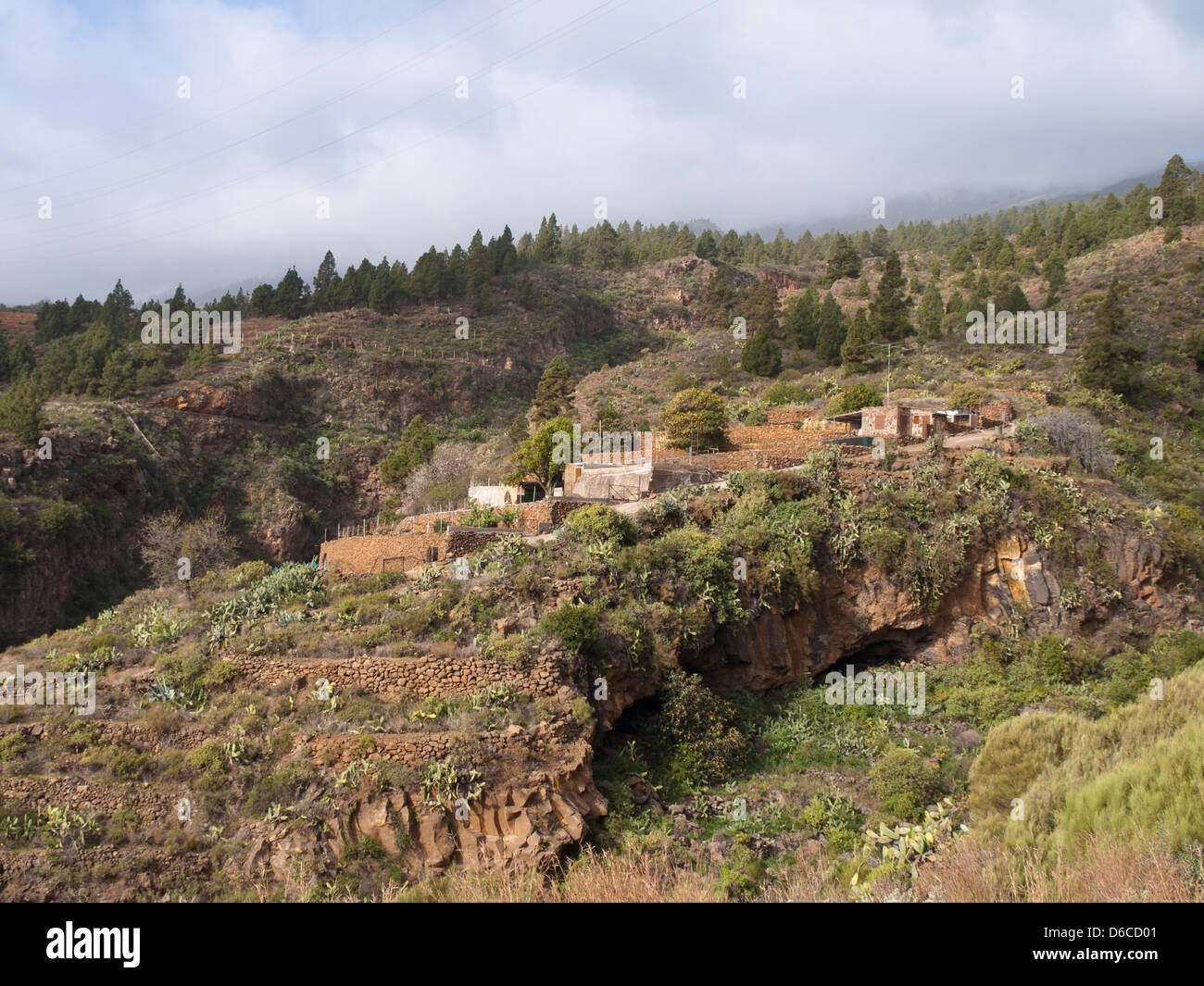 Farm houses and forest in Araya, Tenerife Spain near the footpath to Los Brezos in the Corona Forestal natural park Stock Photo