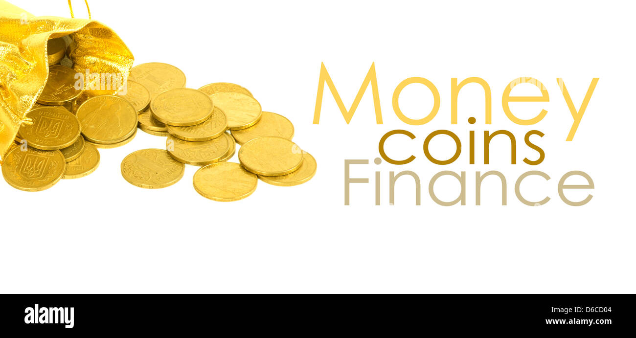 Money coins in golden bag isolated on white Stock Photo - Alamy