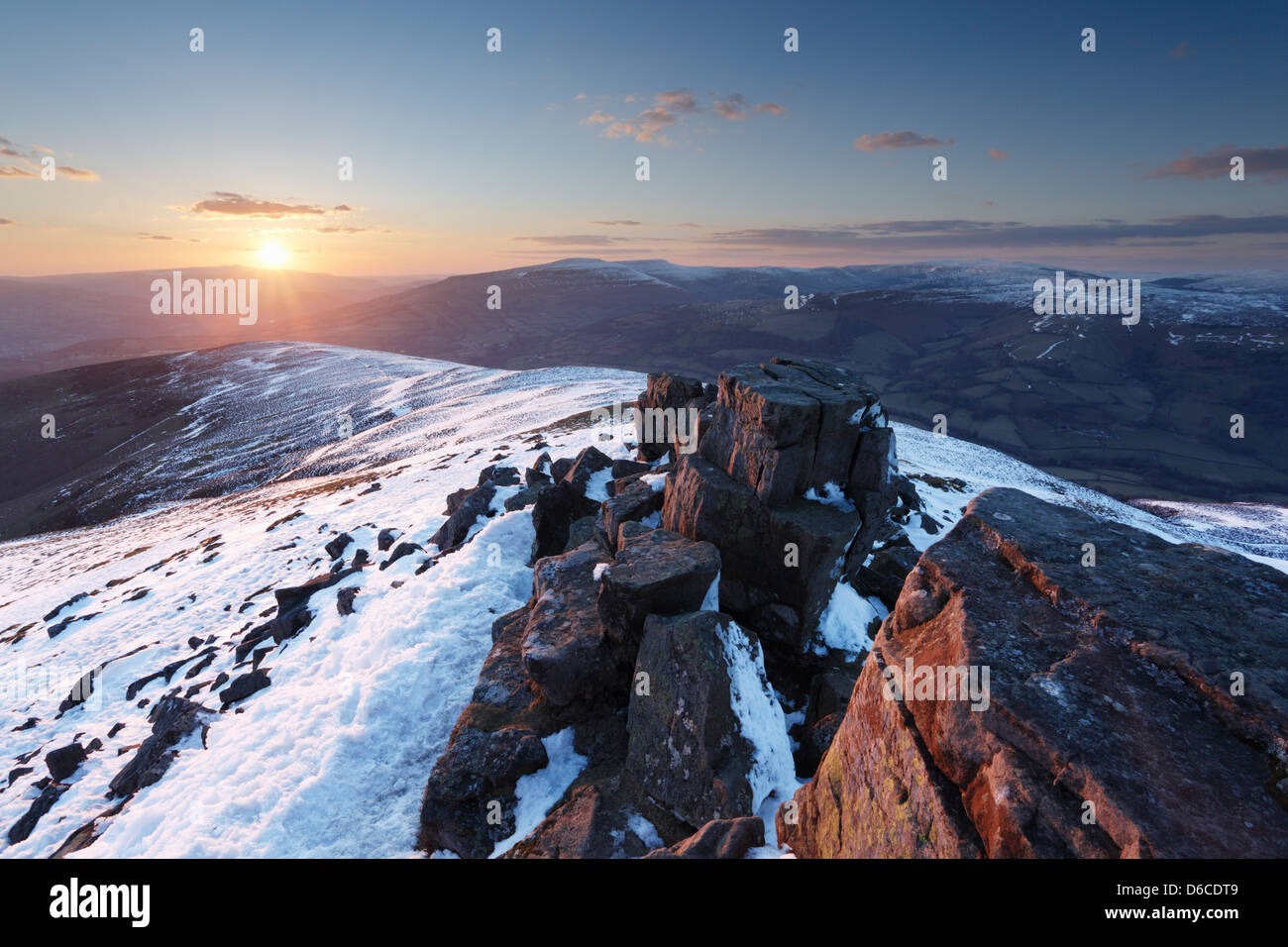Sunset seen from the summit of Sugar Loaf. Brecon Beacons National Park. Monmouthshire. Wales. UK. Stock Photo