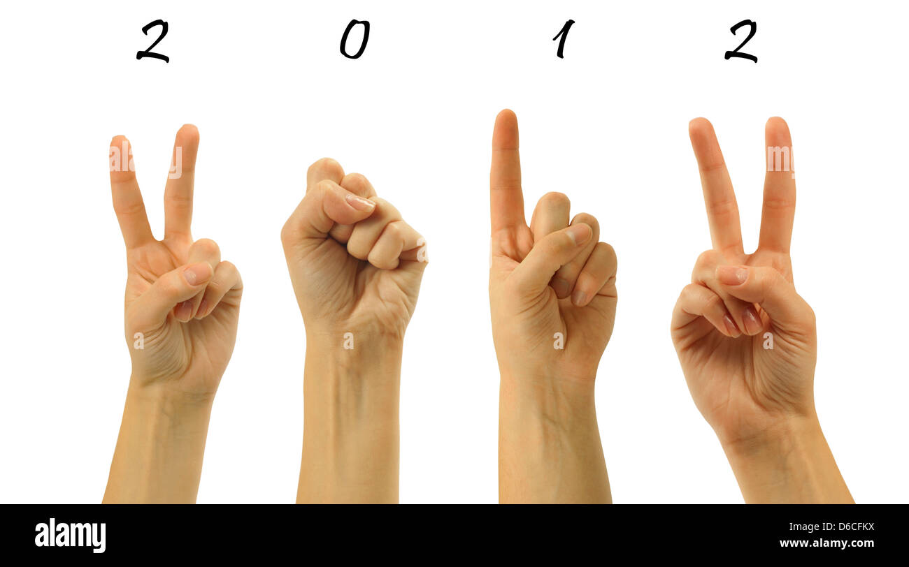 The number 2012 are shown via fingers in creative New Year greeting ...