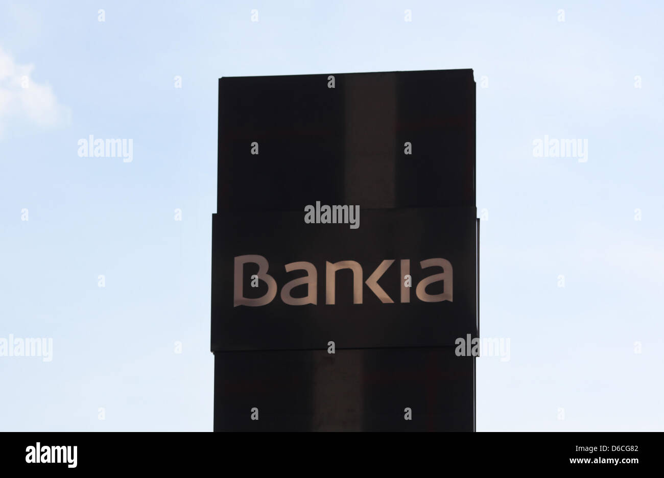 The logo of the Spanish state-owned bank Bankia, photographed on a column in front of the bank's headquarter in Madrid on 15.04.2013. Photo: Fabian Stratenschulte Stock Photo