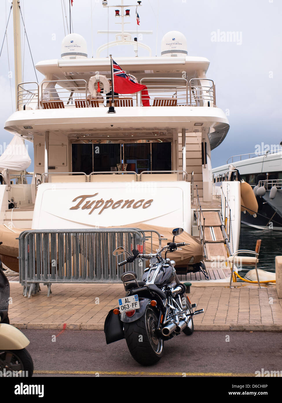 Boat and motorcycle in Saint Tropez, France. Stock Photo