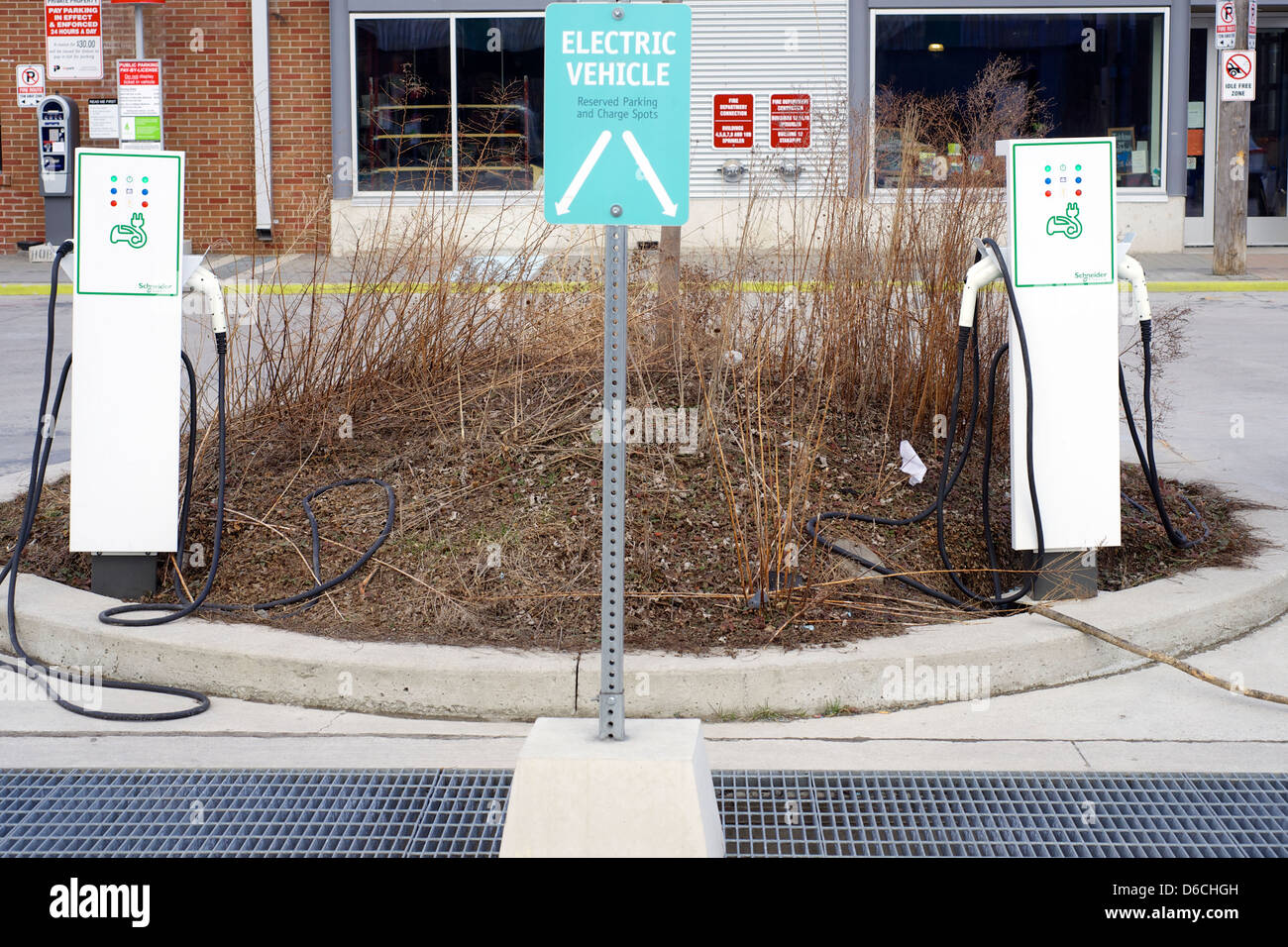 Electric vehicle charge spots in a parking lot at The Evergreen