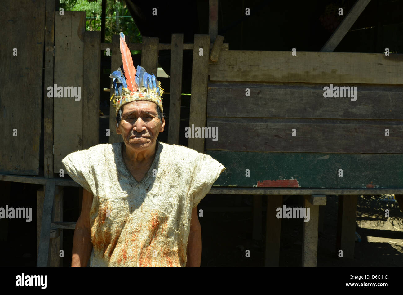 an elder member of an Indigenous tribe of the Madre de Dios region of the Peruvian Amazon. Stock Photo