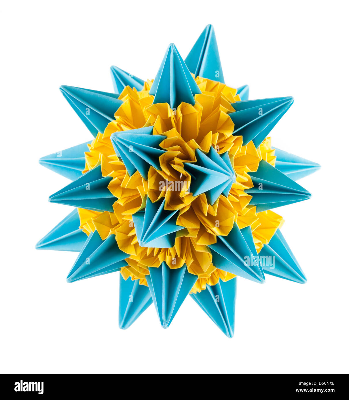 Blue and yellow origami kusudama Stock Photo