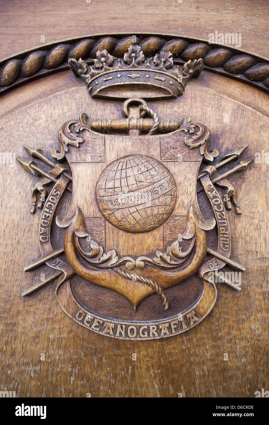 Wooden carving of the coat of arms for the Oceanography Society of Guipuzcoa. San Sebastián, Spain Stock Photo