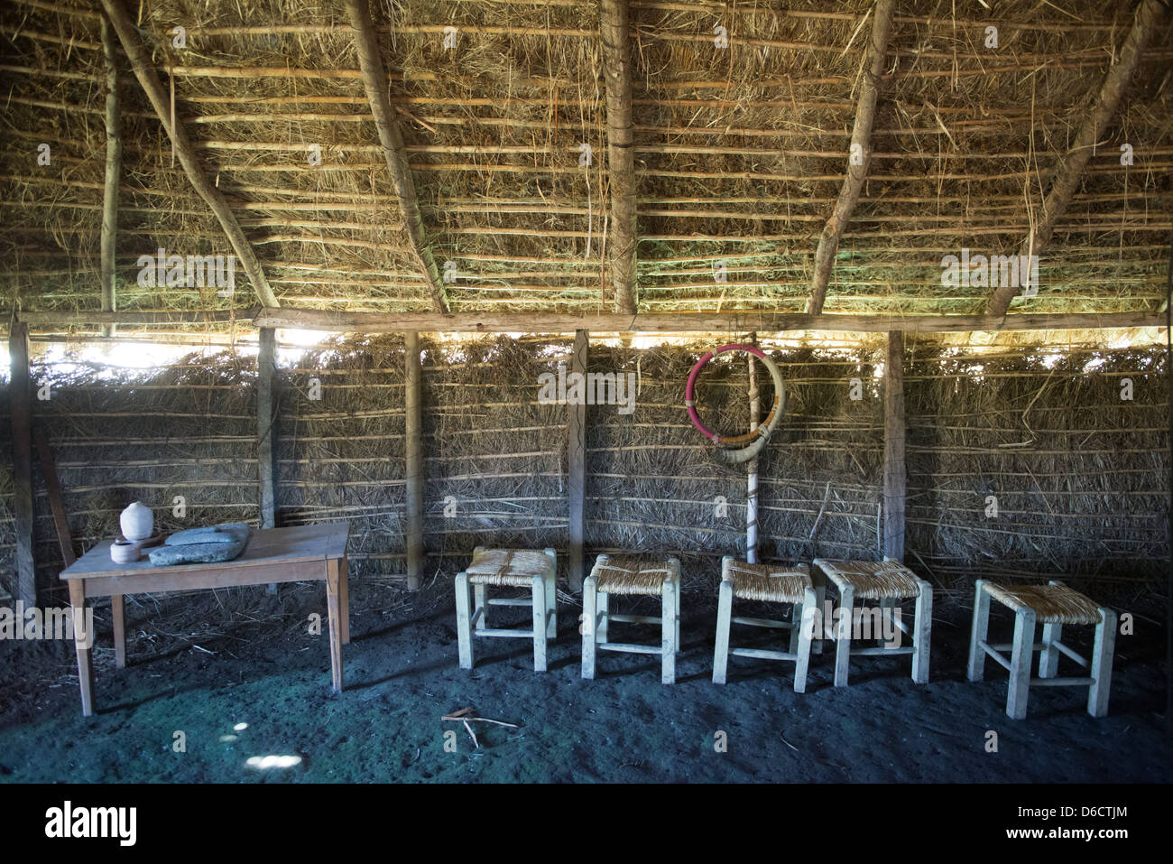 Stone wares inside a traditional South American thatched hut in a pasture on a farm east of Temuco in Chile Stock Photo